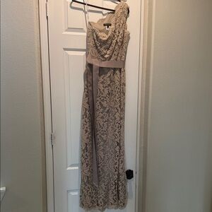 Tadashi Shoji One Shoulder Lace Dress in Beige and Taupe